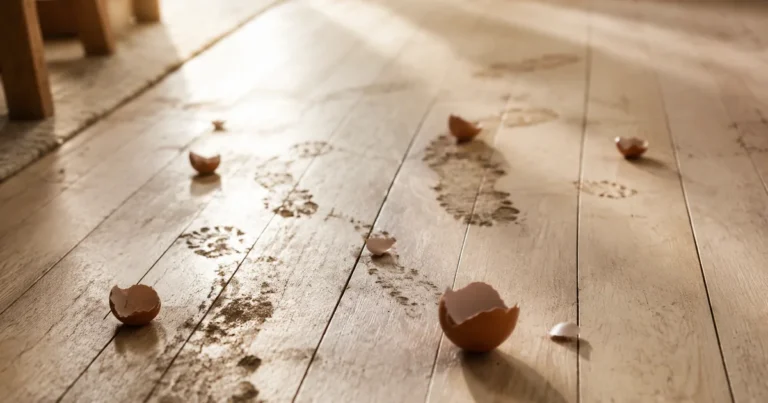 A floor scattered with a few real eggshells among careful footprints in soft morning light