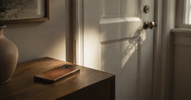 A phone resting face-down beside a closed door in soft afternoon light