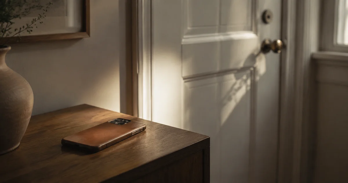 A phone resting face-down beside a closed door in soft afternoon light