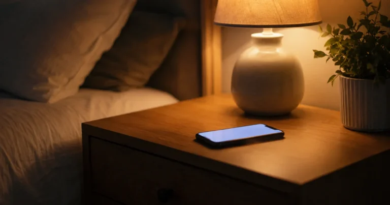 A smartphone screen glowing softly on a nightstand in a dim room