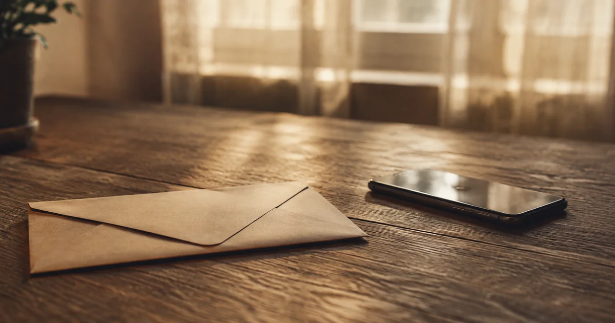 An unopened envelope and a phone lying face-down on a wooden table