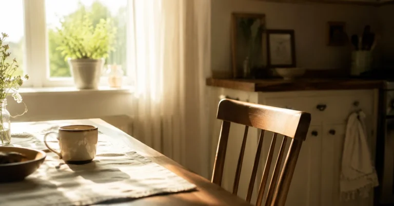An empty chair at a kitchen table with morning light through a window