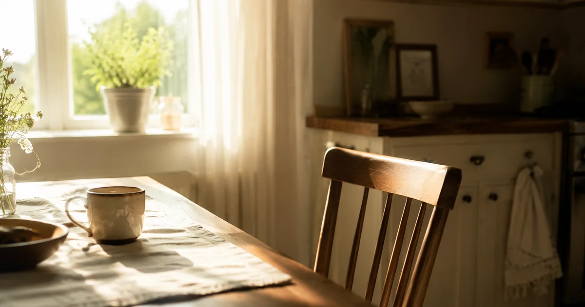 An empty chair at a kitchen table with morning light through a window