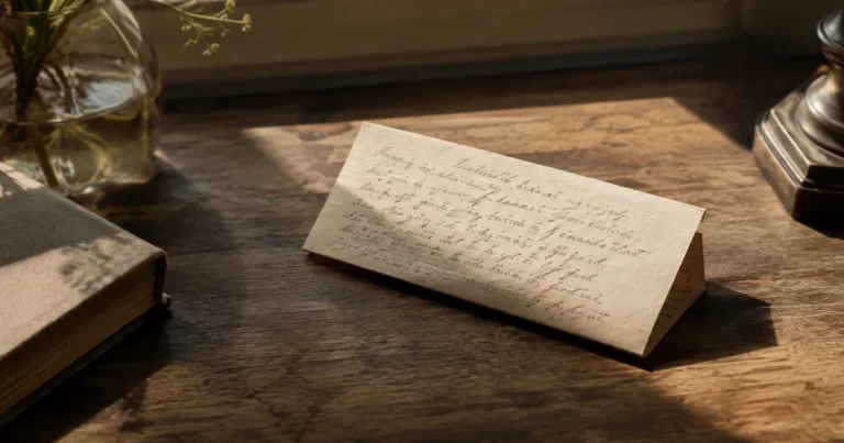 A handwritten letter left half-folded on a table in soft afternoon light