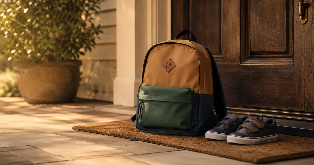 A child's backpack and shoes by a front door in soft morning light