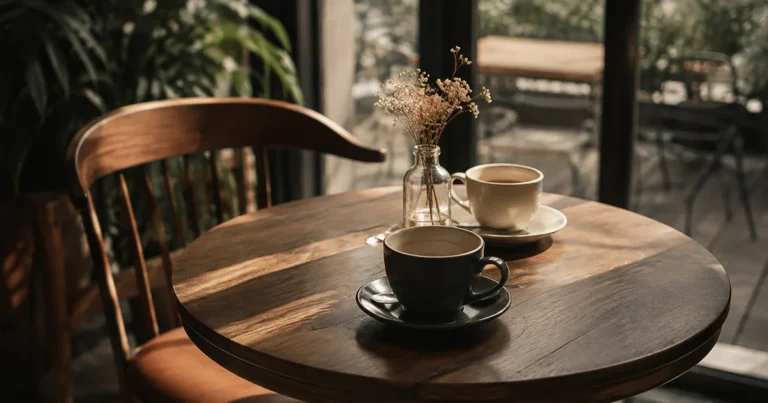 Two coffee cups on a cafe table with one empty seat in soft daylight