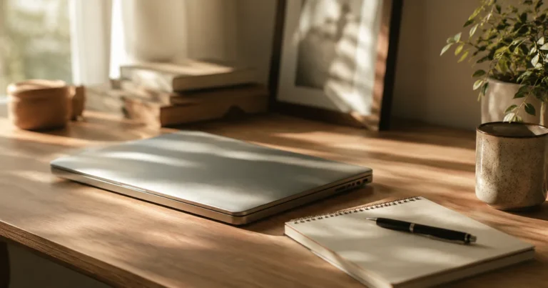 A closed laptop on a calm desk with a notebook and pen beside it