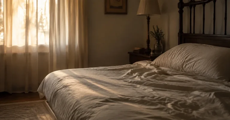 An empty side of a bed at dawn with soft window light
