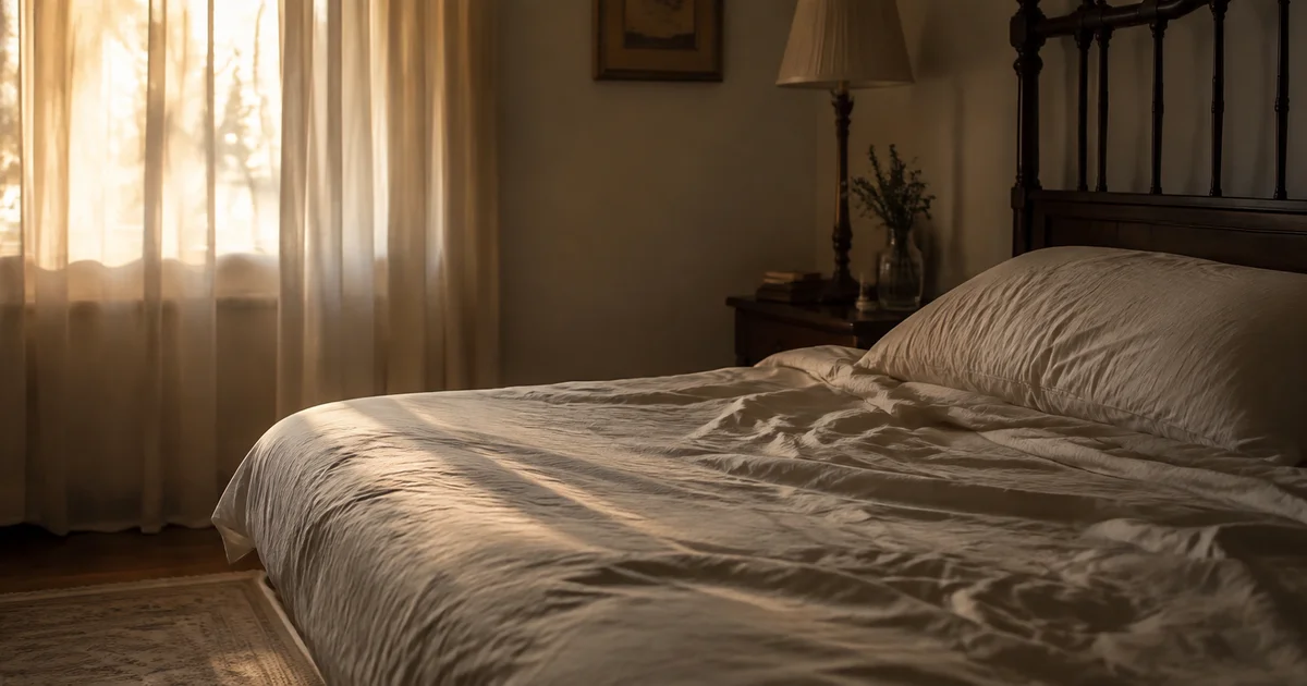 An empty side of a bed at dawn with soft window light