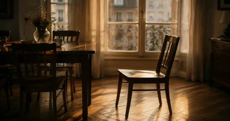 A chair pulled slightly away from a shared table in fading afternoon light