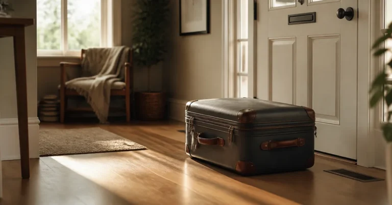 A packed suitcase left by a front door in morning light