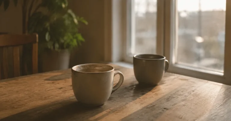 Two coffee cups on a table, one pushed slightly aside, in warm morning light