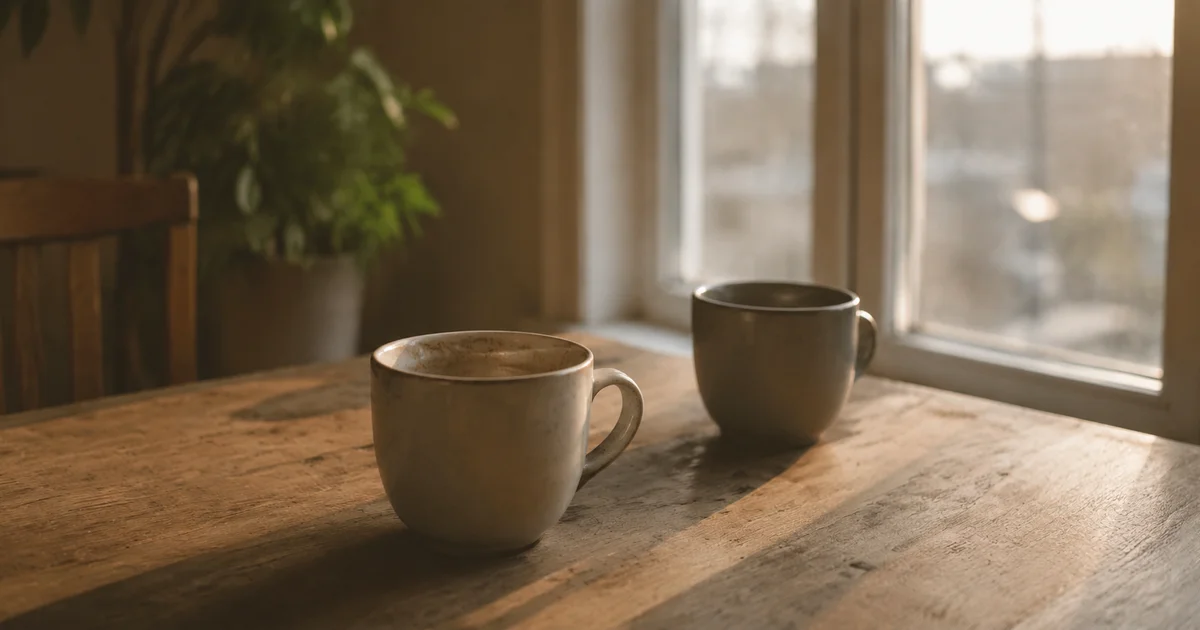 Two coffee cups on a table, one pushed slightly aside, in warm morning light