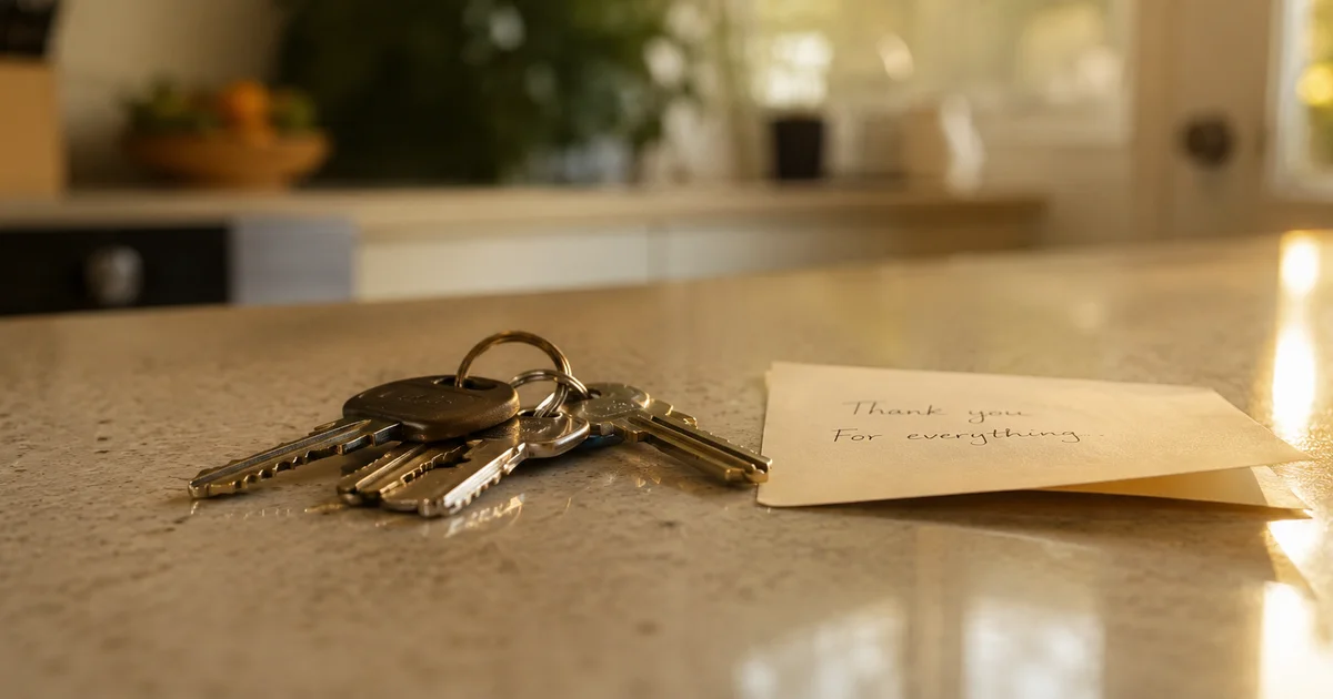 A house key set down on a counter beside a folded note in soft kitchen light