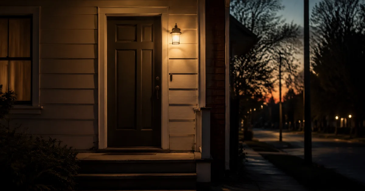 A closed front door with a porch light on at dusk