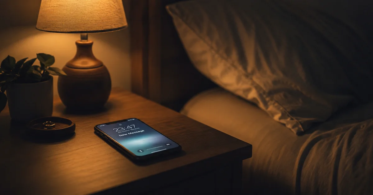A phone lighting up on a nightstand at night in a quiet bedroom
