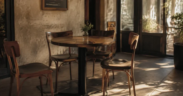 Chairs around an empty cafe table with one chair turned slightly away