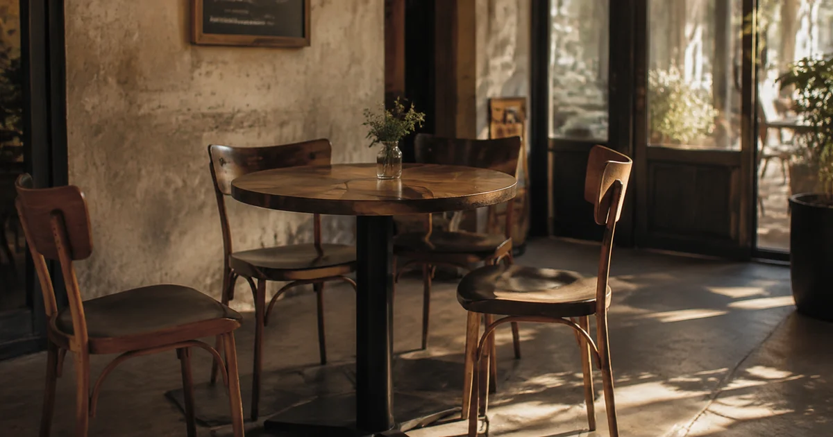 Chairs around an empty cafe table with one chair turned slightly away