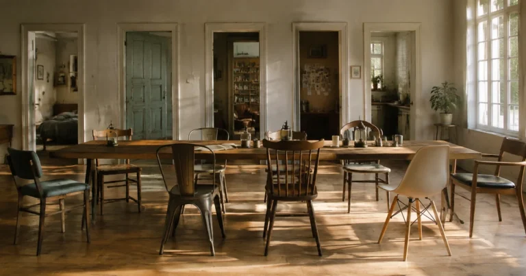 Several different empty chairs around one long table in morning light