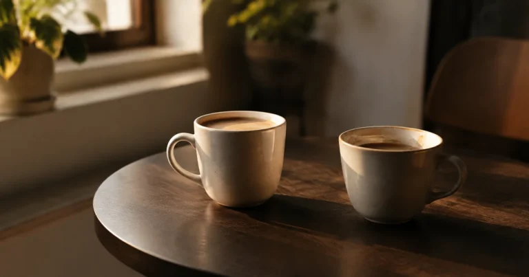 Two coffee cups on a small table, one untouched, in soft morning light