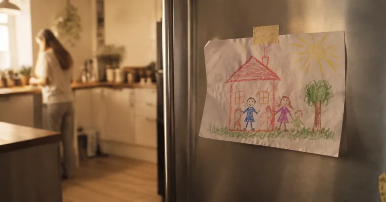 A child's drawing taped to a refrigerator in soft kitchen light