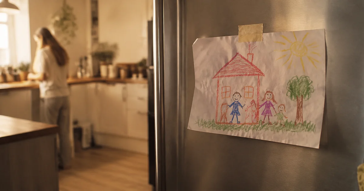 A child's drawing taped to a refrigerator in soft kitchen light