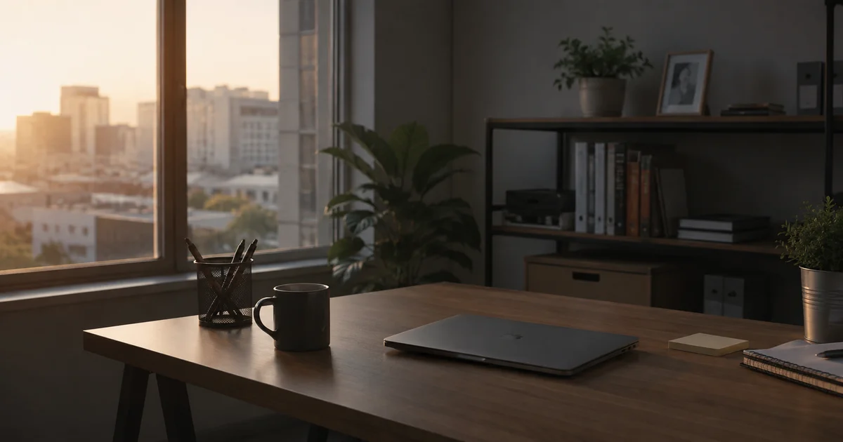 An empty office desk near a window in early morning light