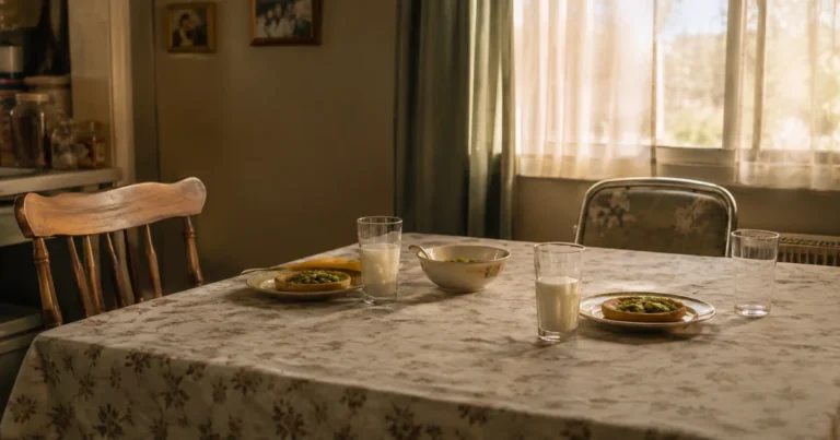 Two mismatched chairs at a childhood dinner table in soft evening light
