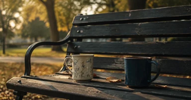 Two mismatched mugs on a park bench in soft afternoon light