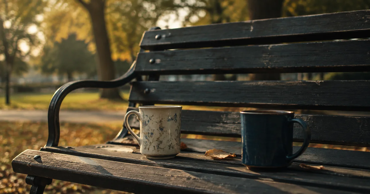 Two mismatched mugs on a park bench in soft afternoon light