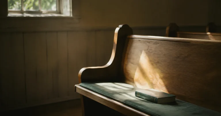 An empty wooden pew with a single hymnal, lit by soft side window light