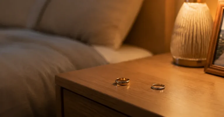 Two wedding rings on a nightstand in soft evening light