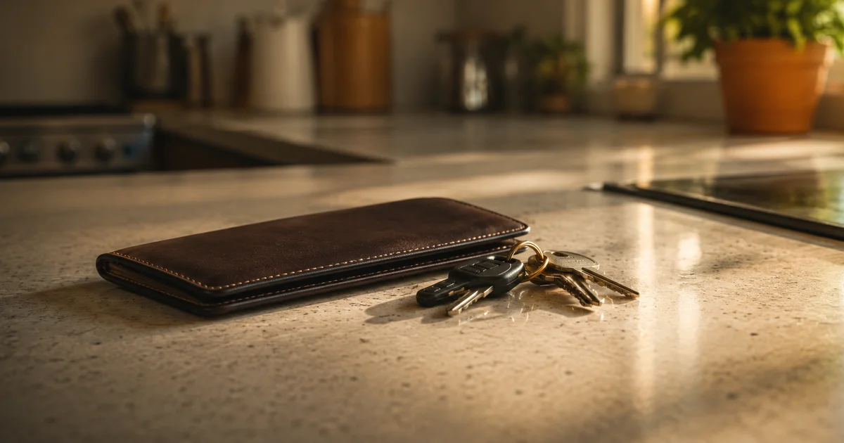 A closed checkbook and a set of keys on a kitchen counter in soft light
