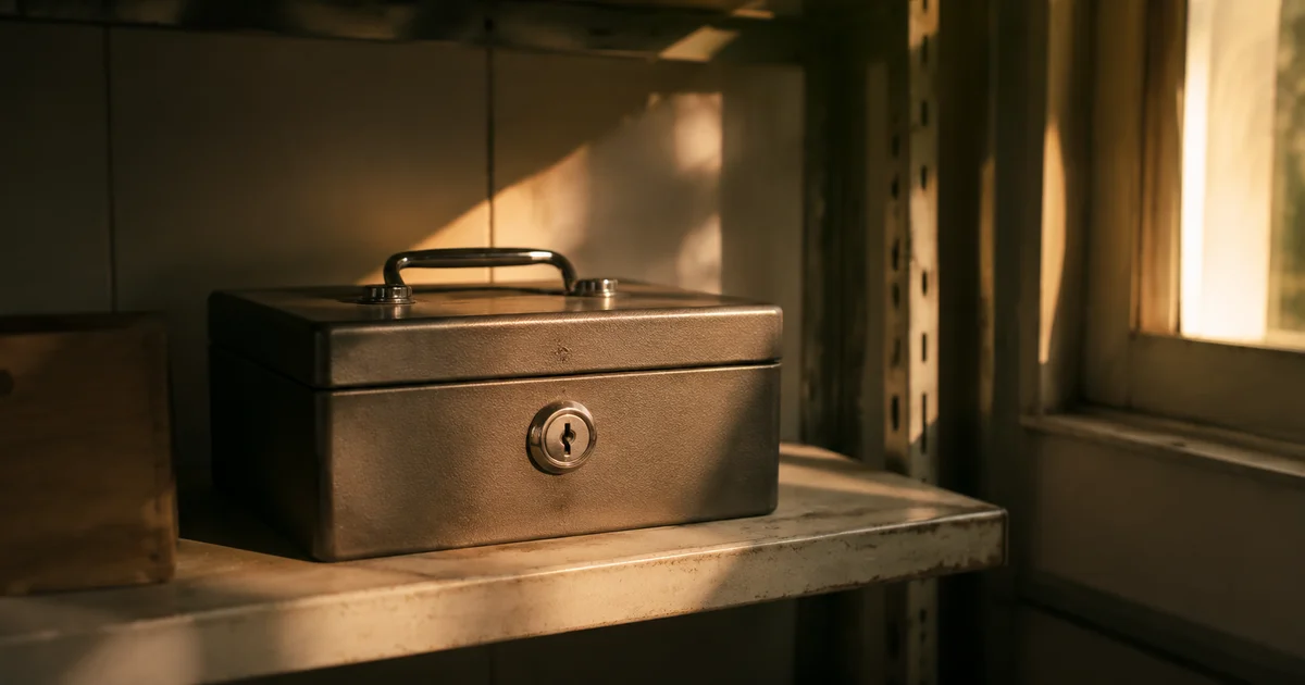 A single locked cash box on a shelf in soft afternoon light