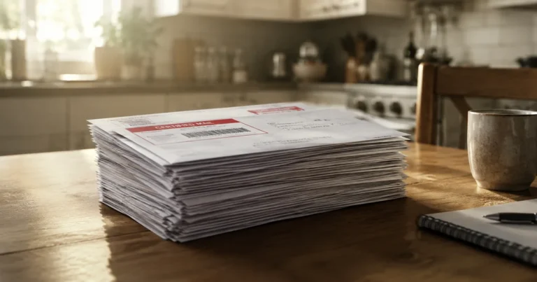 A stack of unopened certified mail envelopes on a kitchen table in soft morning light