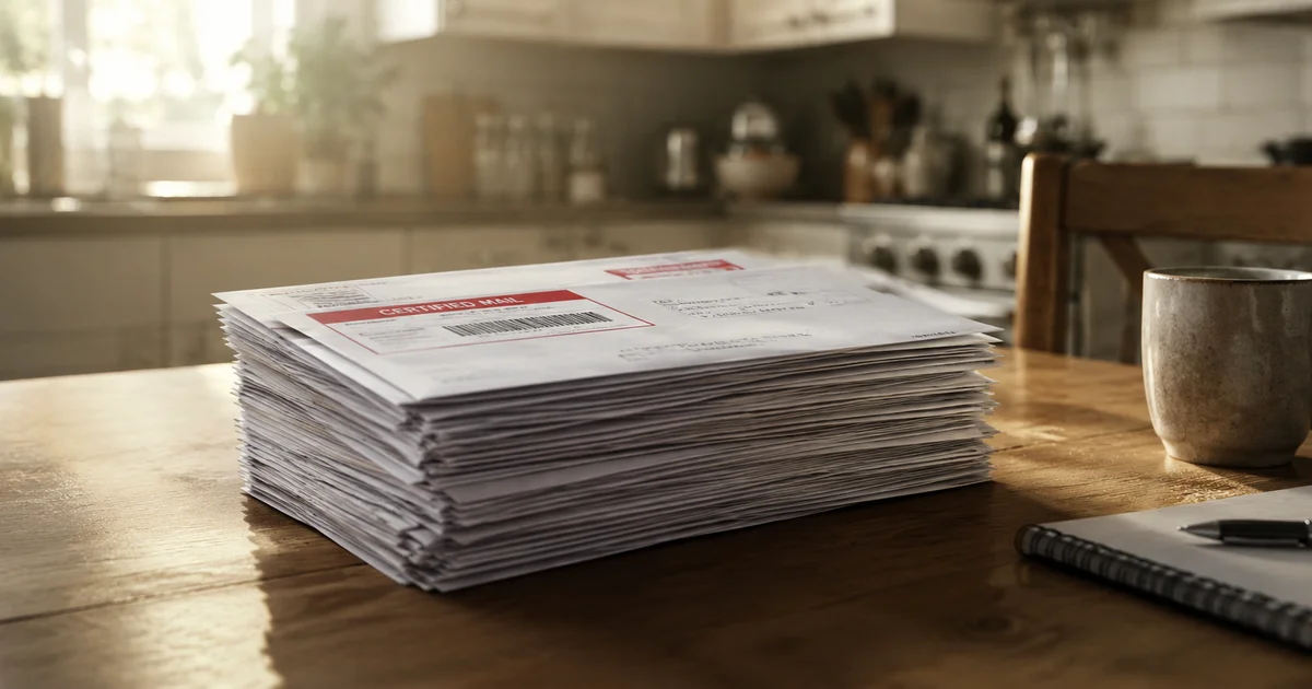 A stack of unopened certified mail envelopes on a kitchen table in soft morning light