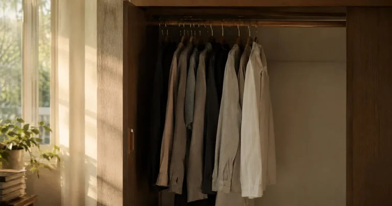 A half-empty wardrobe with clothes still hanging, lit by soft morning light