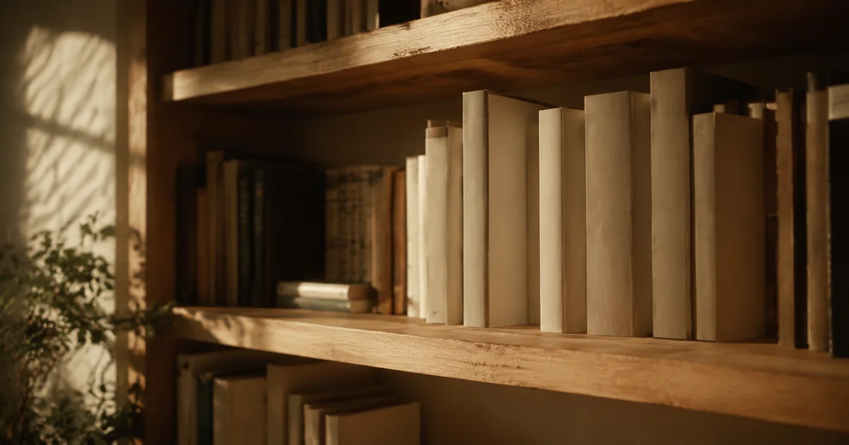 A bookshelf with a few books turned backward, spines hidden, in soft afternoon light