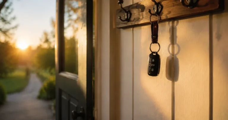 A car key left untouched on a hook by the door in soft morning light