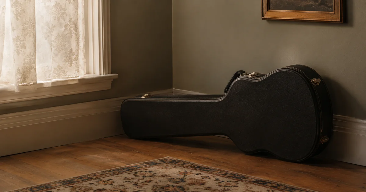 A musical instrument left in its closed case in the corner of a quiet room