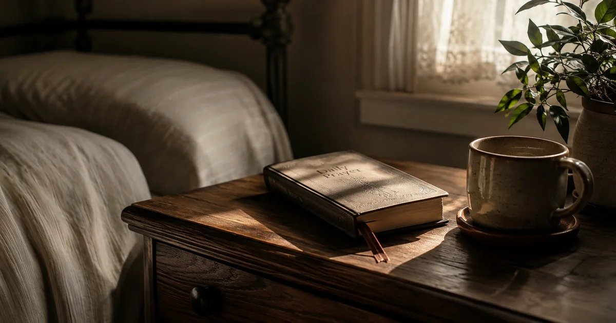 A small personal prayer book left closed on a nightstand in soft morning light