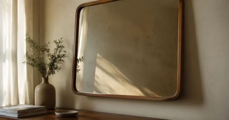 A mirror in soft morning light angled away from the camera, reflecting only a wall