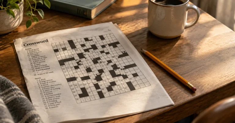 An unfinished crossword puzzle left on a table with a pencil set down beside it