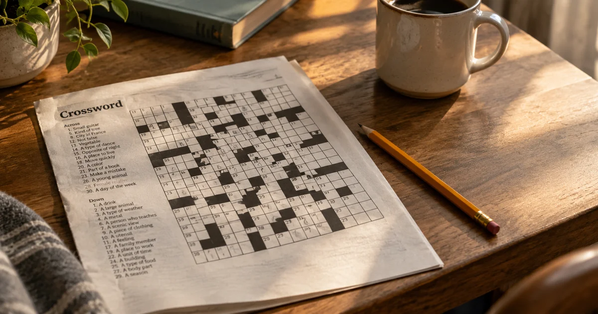 An unfinished crossword puzzle left on a table with a pencil set down beside it