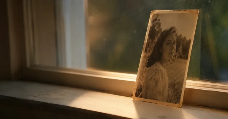 An old photograph propped upright on a windowsill in soft evening light