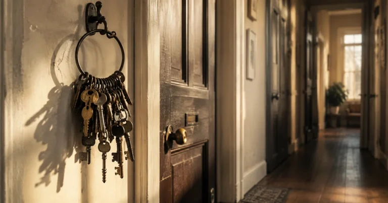 A ring of many mismatched keys hanging on a hook beside a front door