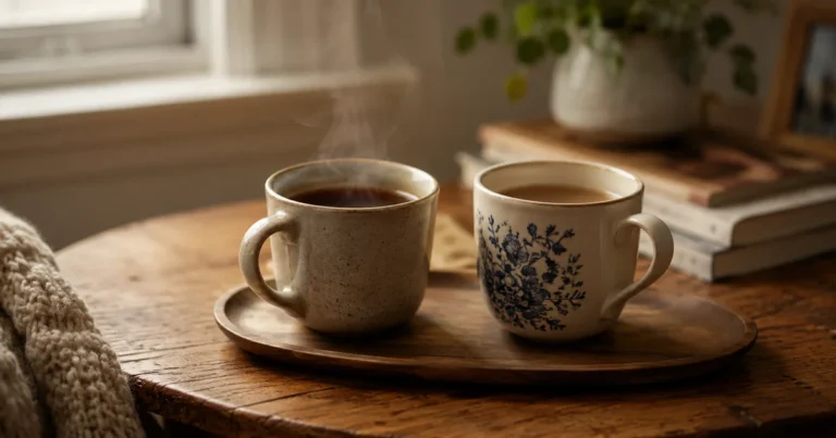 Two mismatched mugs of tea on a tray, one steaming and one gone cold