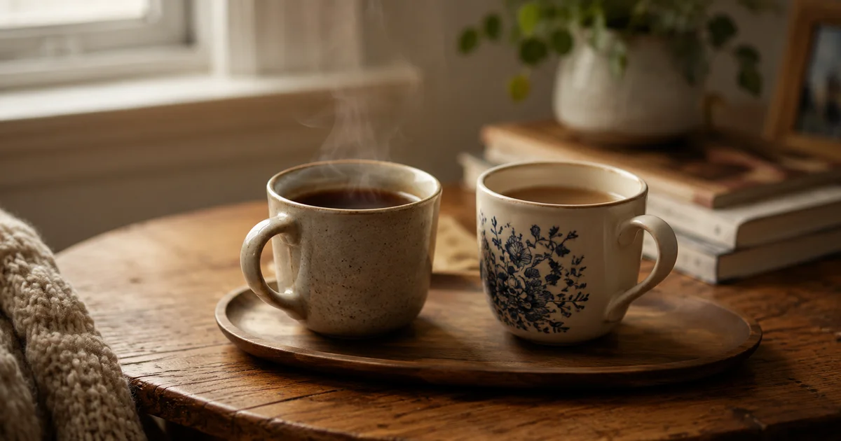 Two mismatched mugs of tea on a tray, one steaming and one gone cold