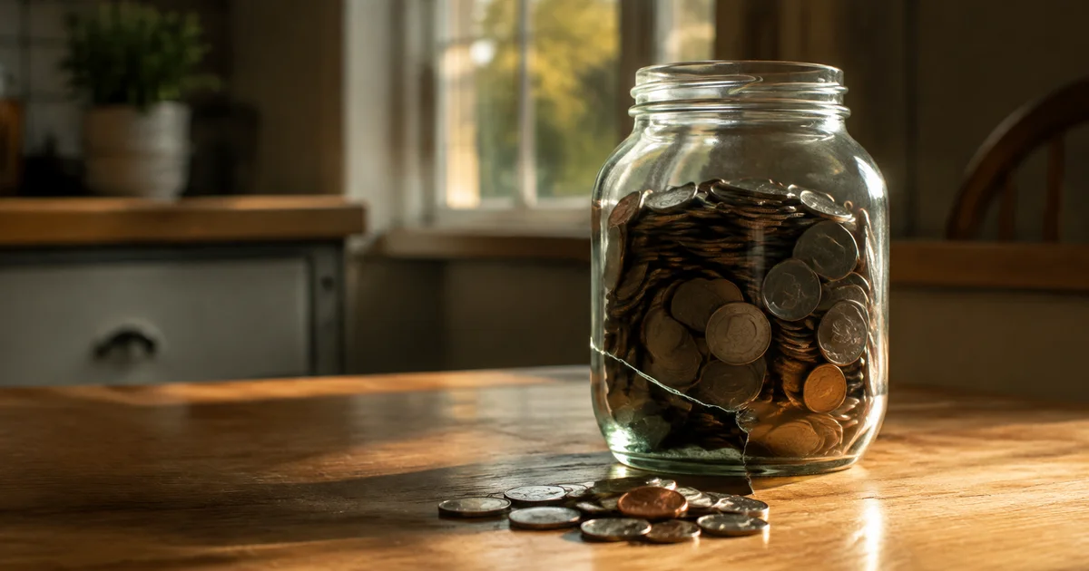 A cracked glass jar of coins on a table, with a few coins spilled beneath it