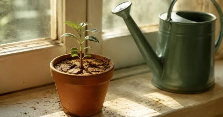 A small seedling on a windowsill beside a watering can, its soil dry and cracked